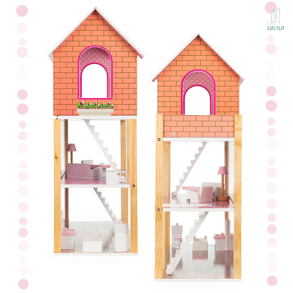 la casa delle bambole in legno + accessori per bambine da 3 anni