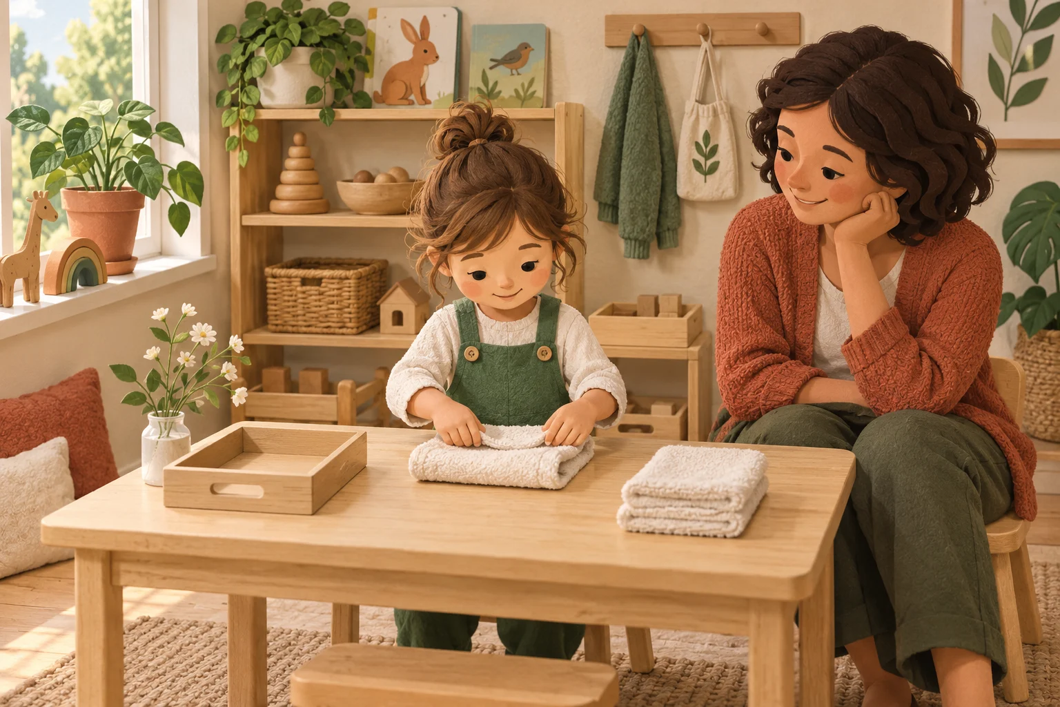 Una bambina piega un asciugamano su un tavolino basso, accompagnata da un adulto, in un ambiente con giochi e materiali Montessori